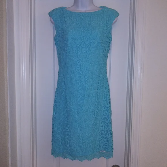 ralph lauren blue crochet dress Ralph Lauren Turquoise Crochet High Neck Dress